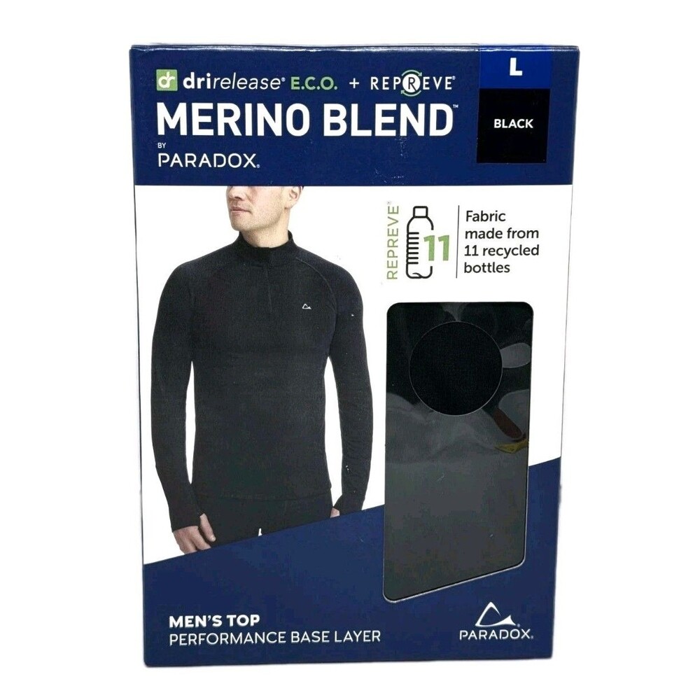 Paradox Men's L Merino Blend 1/4 Zip Performance Base Layer Top DriRelease Black